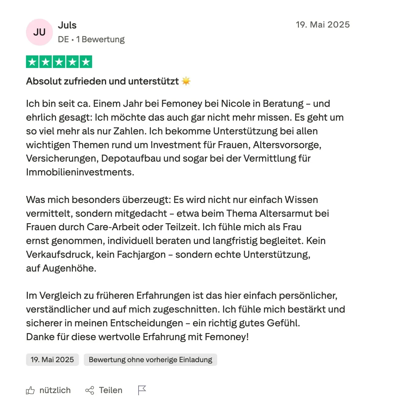 Trustpilot-Bewertung: Nicole ist eine super Finanz-Beraterin